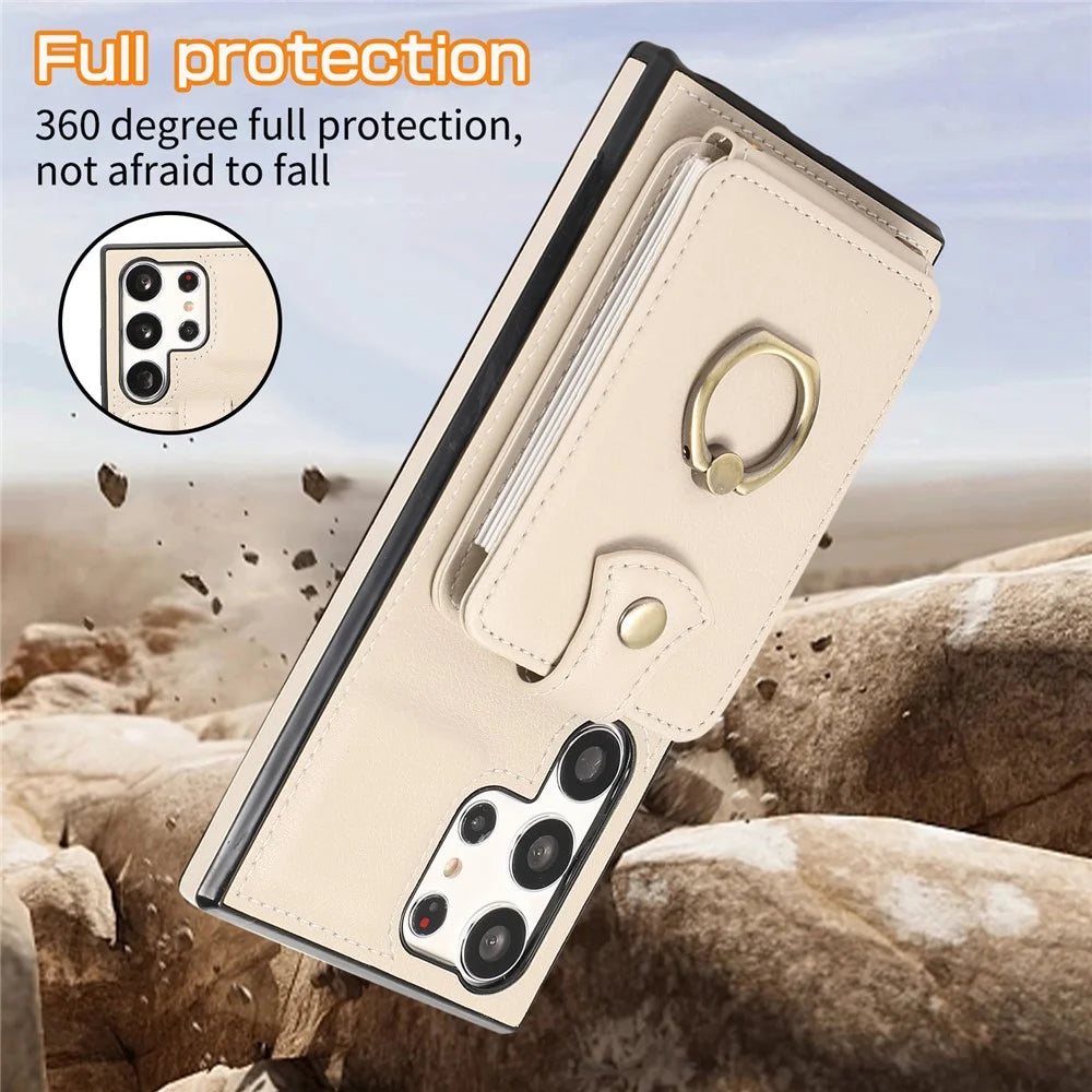 For Samsung Galaxy S25 Ultra Case Card Holder Ring Kickstand TPU + PU Leather Phone Cover with Long Strap - Beige - 6