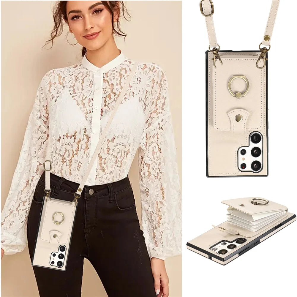 For Samsung Galaxy S25 Ultra Case Card Holder Ring Kickstand TPU + PU Leather Phone Cover with Long Strap - Beige - 7
