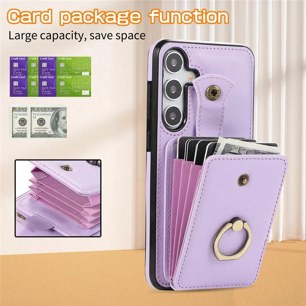 For Samsung Galaxy S24 FE Case Card Holder Ring Kickstand TPU + PU Leather Phone Cover with Long Strap - Purple - 6