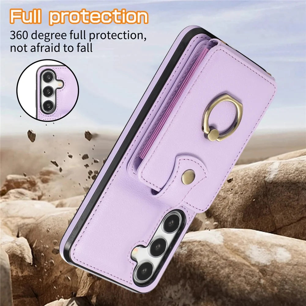 For Samsung Galaxy S24 FE Case Card Holder Ring Kickstand TPU + PU Leather Phone Cover with Long Strap - Purple - 7