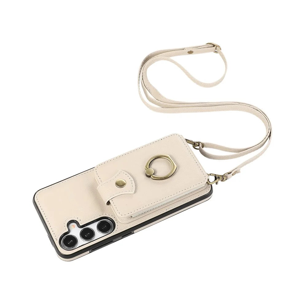 For Samsung Galaxy A16 4G / 5G Case Card Holder Ring Kickstand TPU + PU Leather Phone Cover with Long Strap - Beige - 4