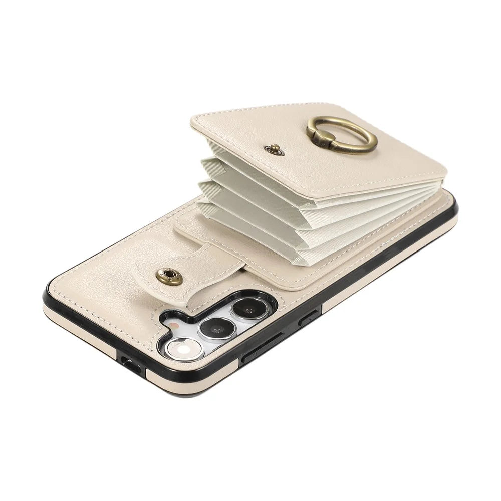For Samsung Galaxy A16 4G / 5G Case Card Holder Ring Kickstand TPU + PU Leather Phone Cover with Long Strap - Beige - 5
