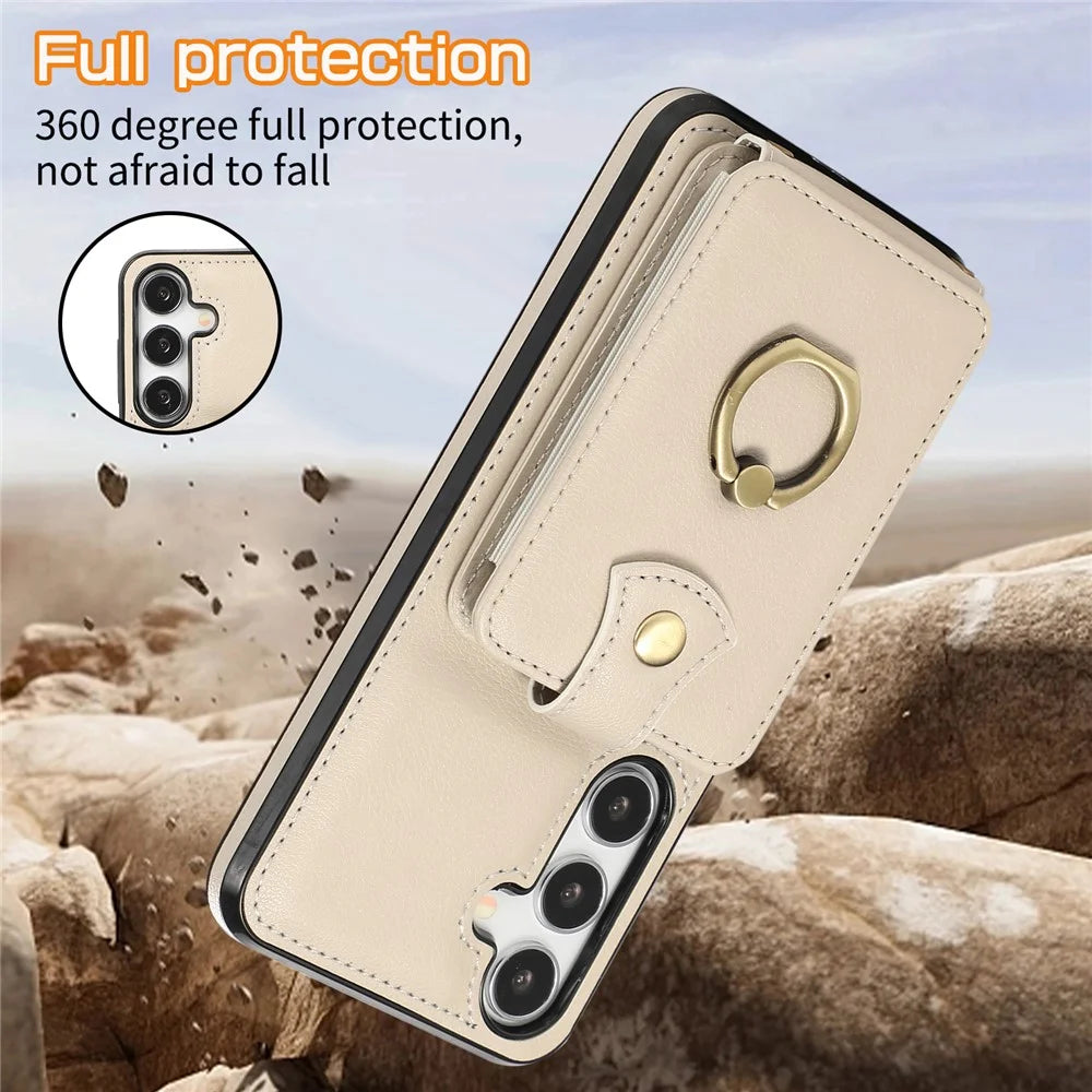 For Samsung Galaxy A16 4G / 5G Case Card Holder Ring Kickstand TPU + PU Leather Phone Cover with Long Strap - Beige - 7