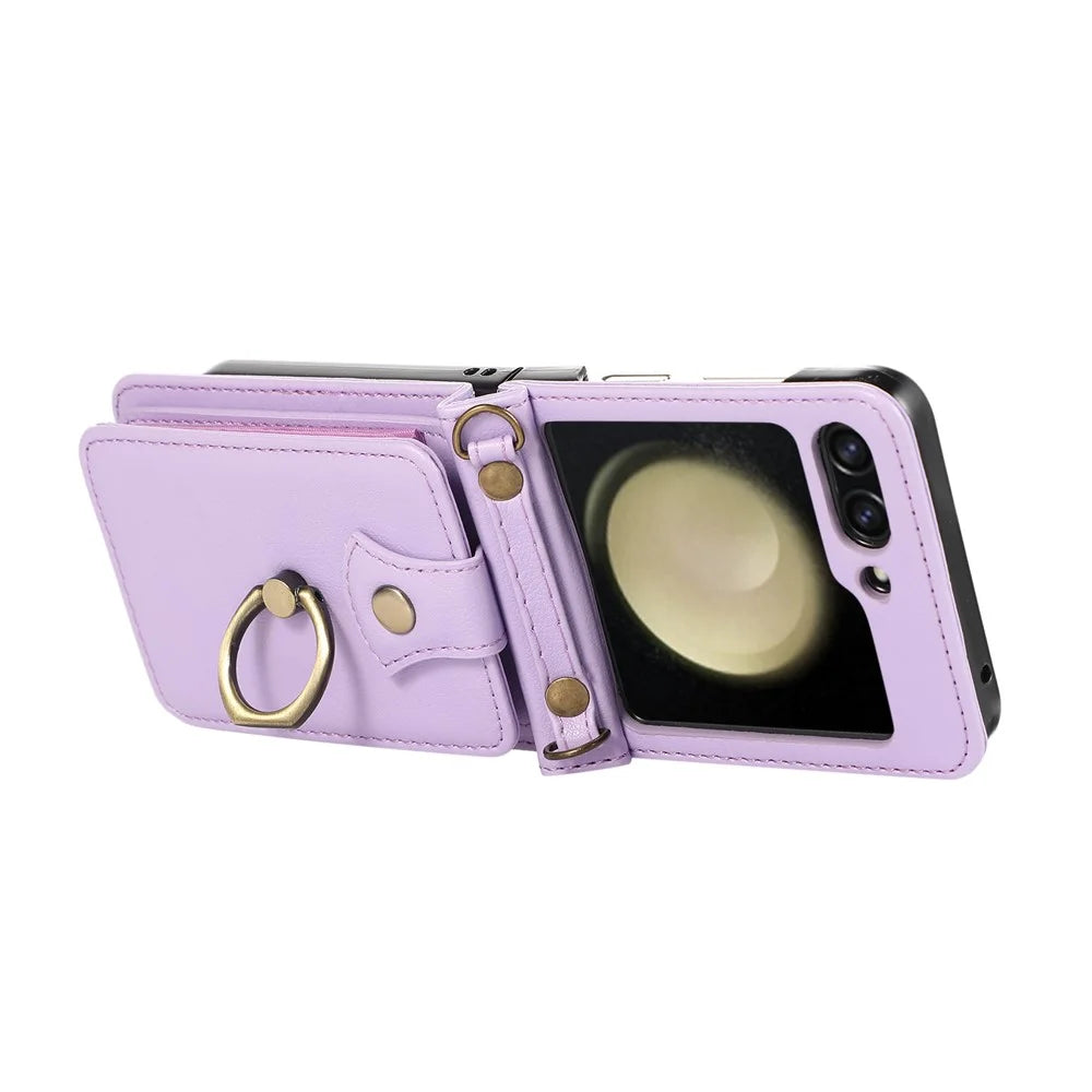 For Samsung Galaxy Z Flip7 FE 5G / Z Flip6 5G Case Card Holder Ring Kickstand TPU + PU Leather Phone Cover with Long Strap - Purple - 2