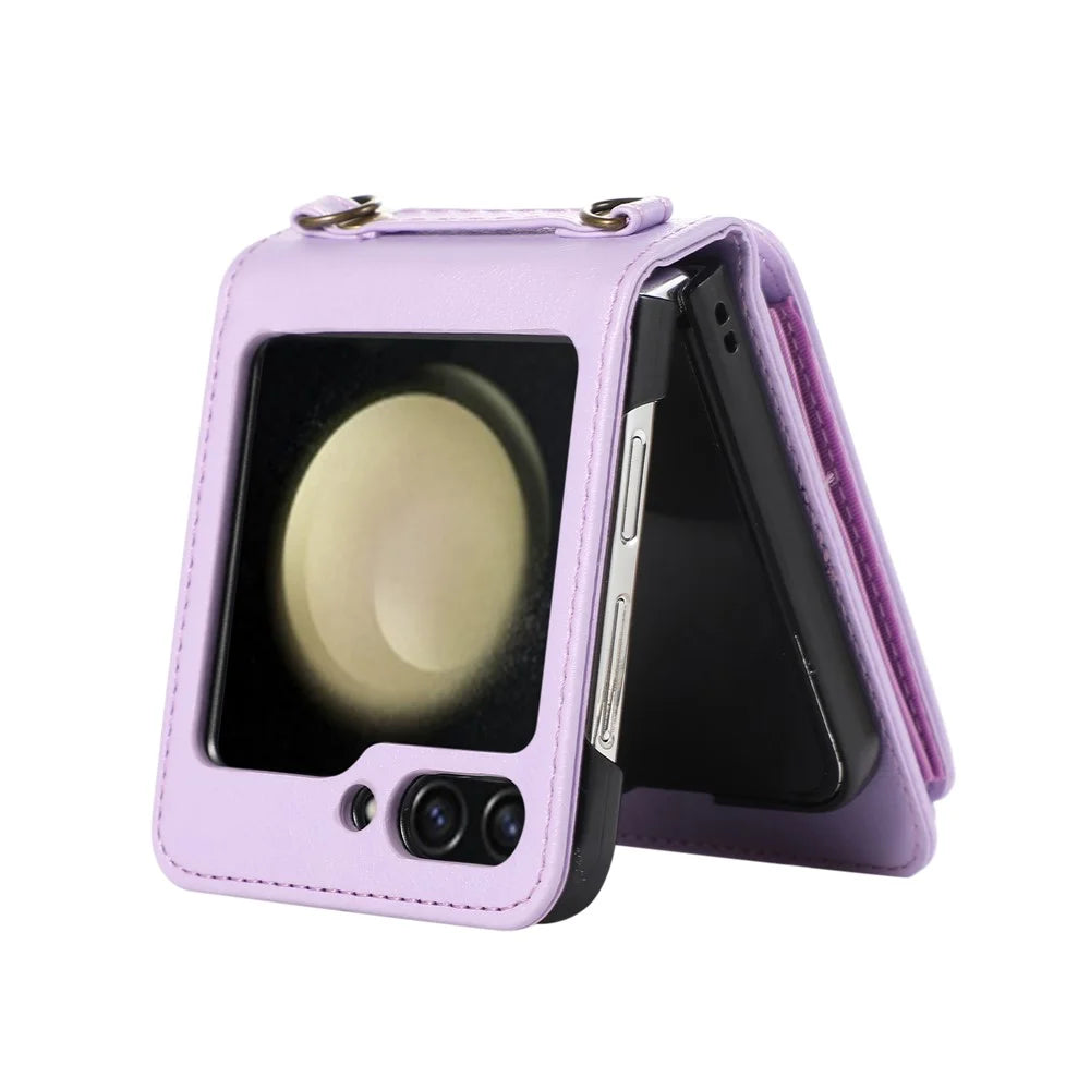For Samsung Galaxy Z Flip7 FE 5G / Z Flip6 5G Case Card Holder Ring Kickstand TPU + PU Leather Phone Cover with Long Strap - Purple - 4