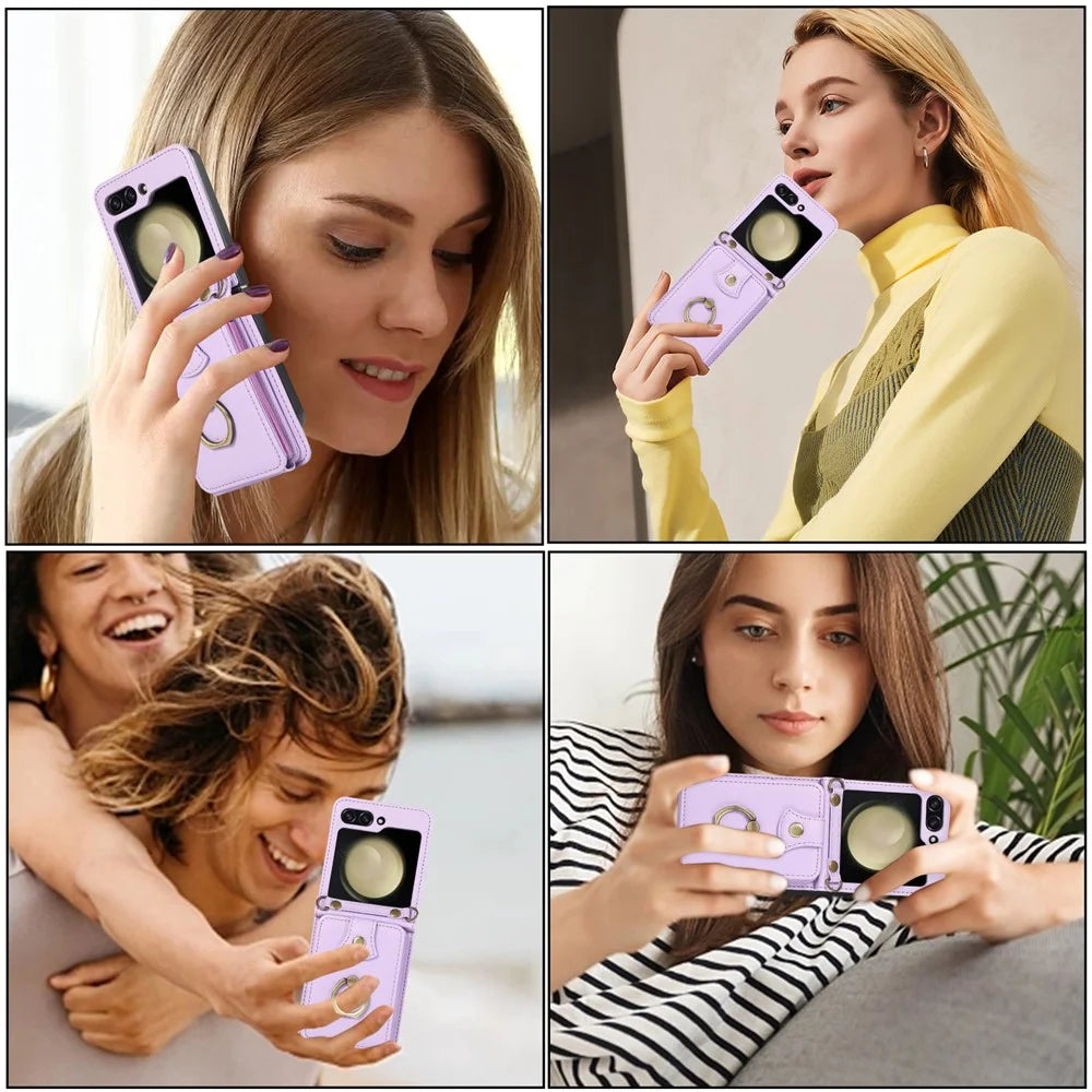 For Samsung Galaxy Z Flip7 FE 5G / Z Flip6 5G Case Card Holder Ring Kickstand TPU + PU Leather Phone Cover with Long Strap - Purple - 6