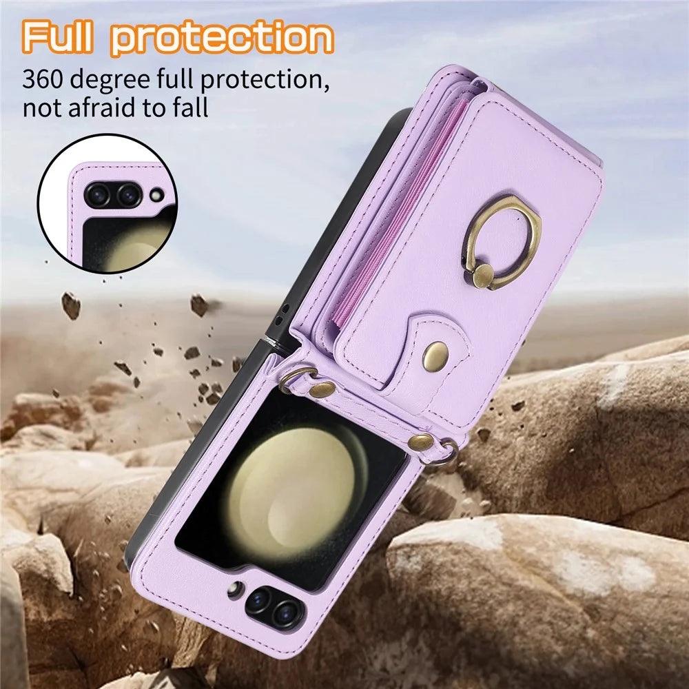 For Samsung Galaxy Z Flip7 FE 5G / Z Flip6 5G Case Card Holder Ring Kickstand TPU + PU Leather Phone Cover with Long Strap - Purple - 7