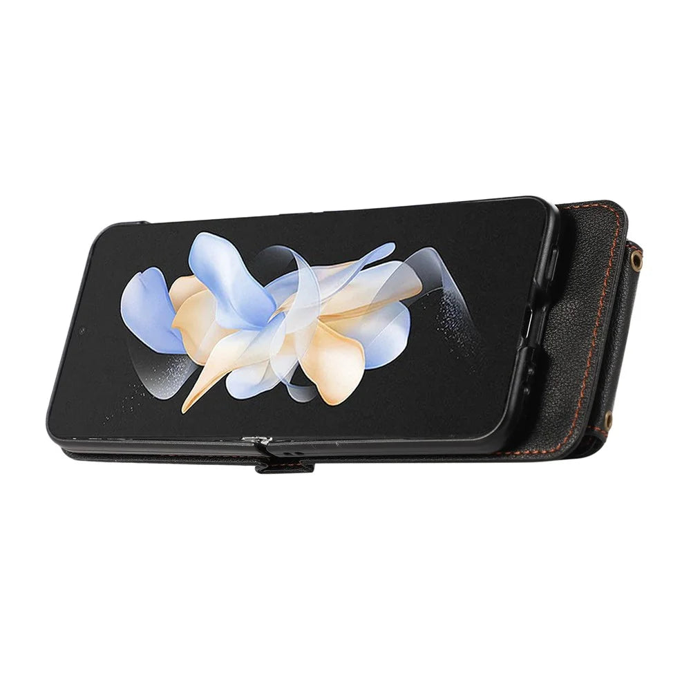 For Samsung Galaxy Z Flip5 5G Case Card Holder Ring Kickstand TPU + PU Leather Phone Cover with Long Strap - Black - 3