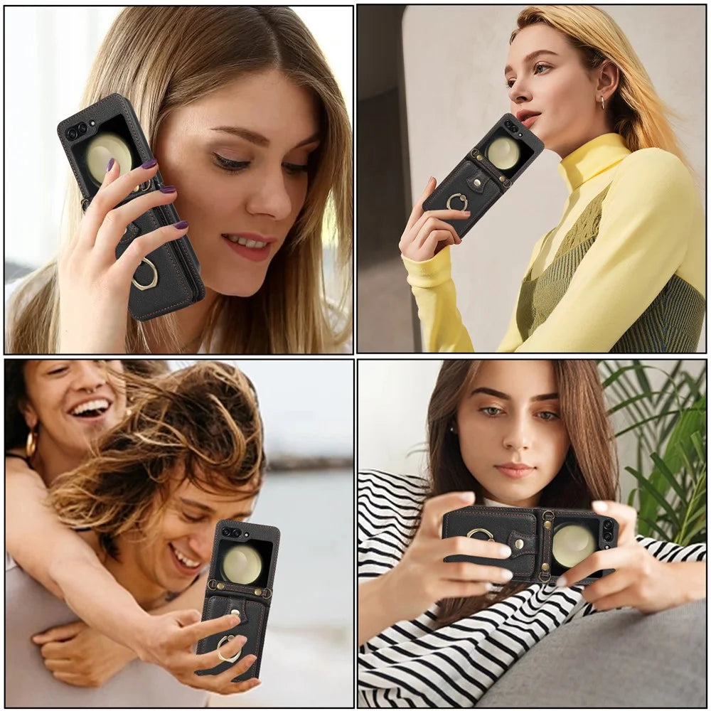 For Samsung Galaxy Z Flip5 5G Case Card Holder Ring Kickstand TPU + PU Leather Phone Cover with Long Strap - Black - 6