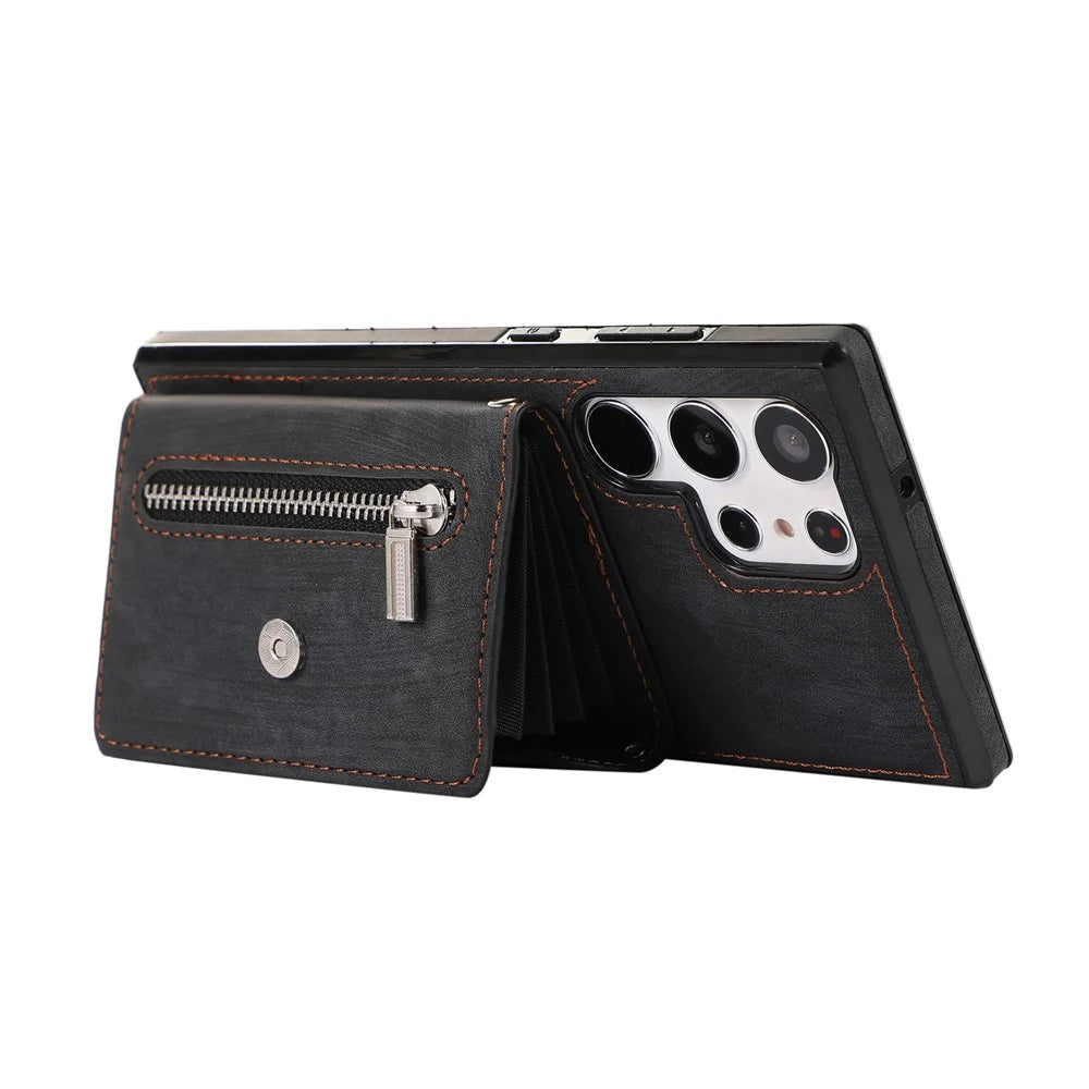 For Samsung Galaxy S25 Ultra Case PU Leather + TPU RFID Blocking Card Slots Phone Cover with 2 Straps - Black - 3