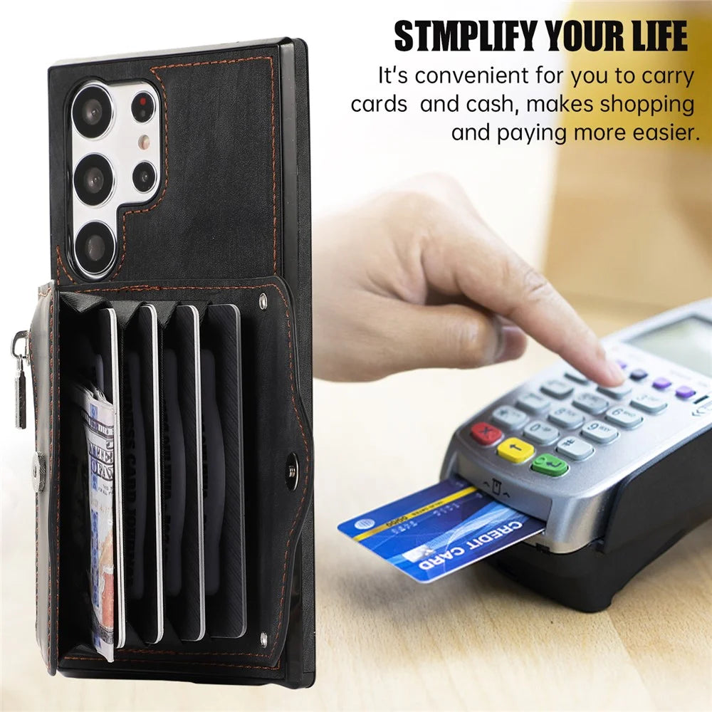 For Samsung Galaxy S25 Ultra Case PU Leather + TPU RFID Blocking Card Slots Phone Cover with 2 Straps - Black - 7
