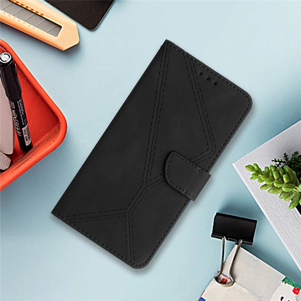For Samsung Galaxy A17 5G / A17 4G / A26 5G Case Skin Touch Lines Imprinted PU Leather Flip Phone Cover - Black - 7