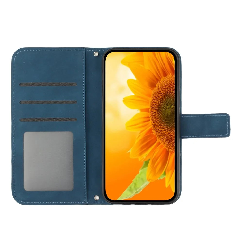 For Samsung Galaxy A07 4G / A07 5G / A06 5G / A06 4G Case Sunflower Imprint Leather Wallet Phone Cover with Wrist Strap - Dark Blue - 2