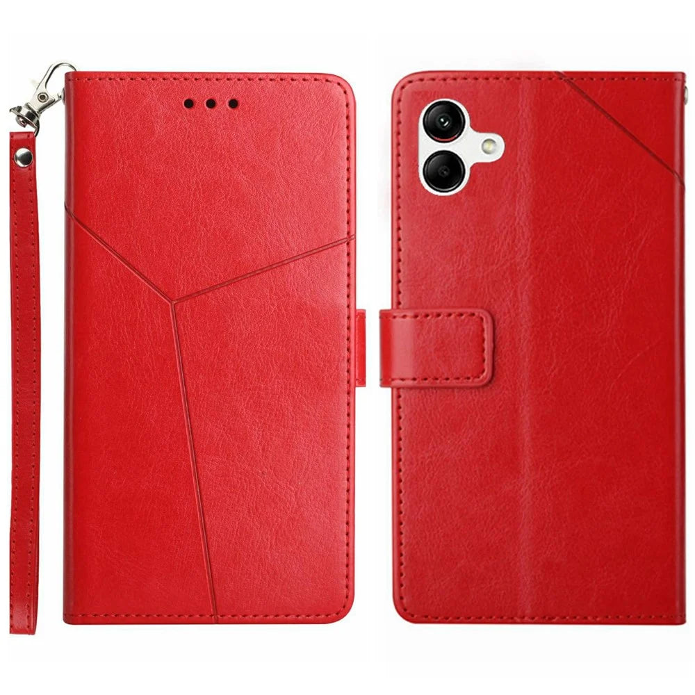 For Samsung Galaxy A07 4G / A07 5G / A06 5G / A06 4G Case with Wrist Strap Y Shaped Lines Imprint Leather Phone Cover - Red - 1