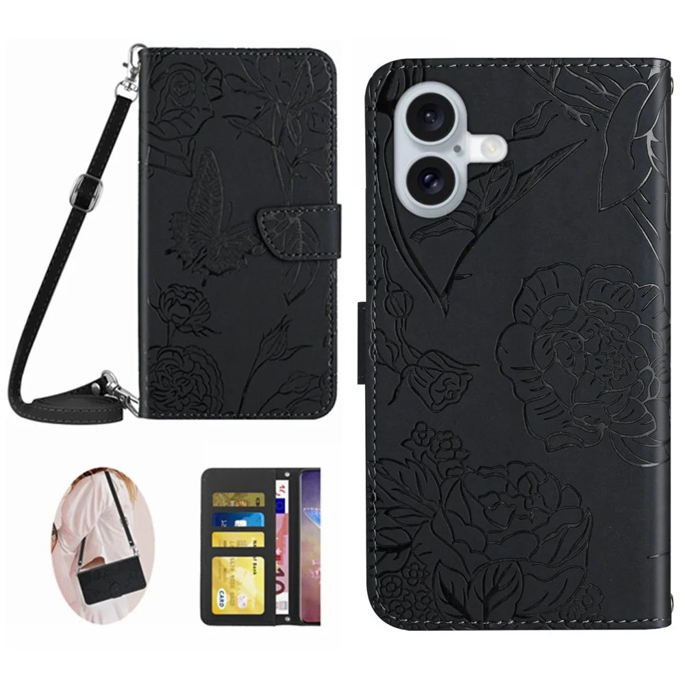 For iPhone 17 Case Butterfly Flower Imprint Leather Phone Cover with Shoulder Strap - Black - 1