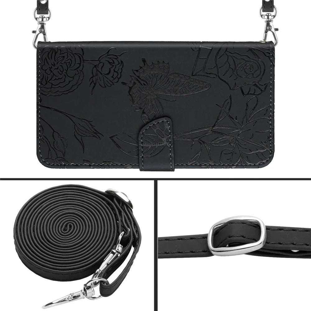 For iPhone 17 Case Butterfly Flower Imprint Leather Phone Cover with Shoulder Strap - Black - 7