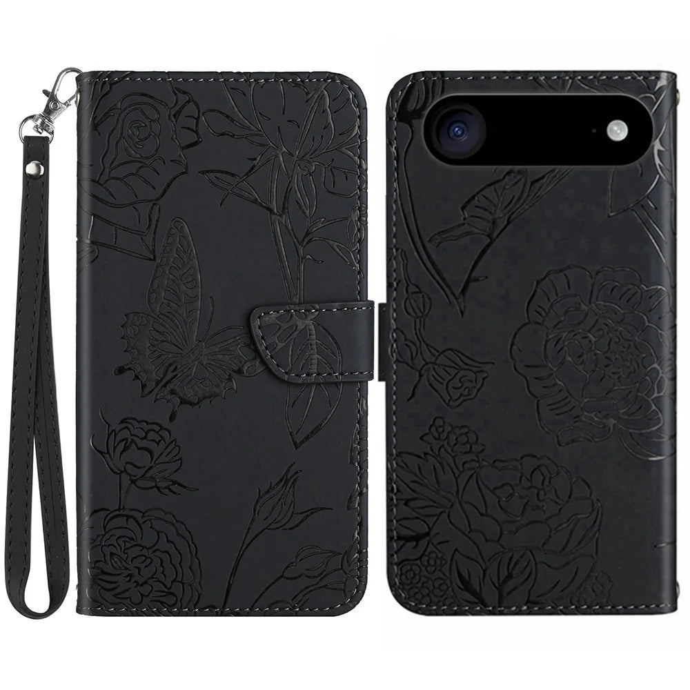 For iPhone Air Case Butterfly Flower Imprinted Leather Phone Cover with Strap - Black - 1