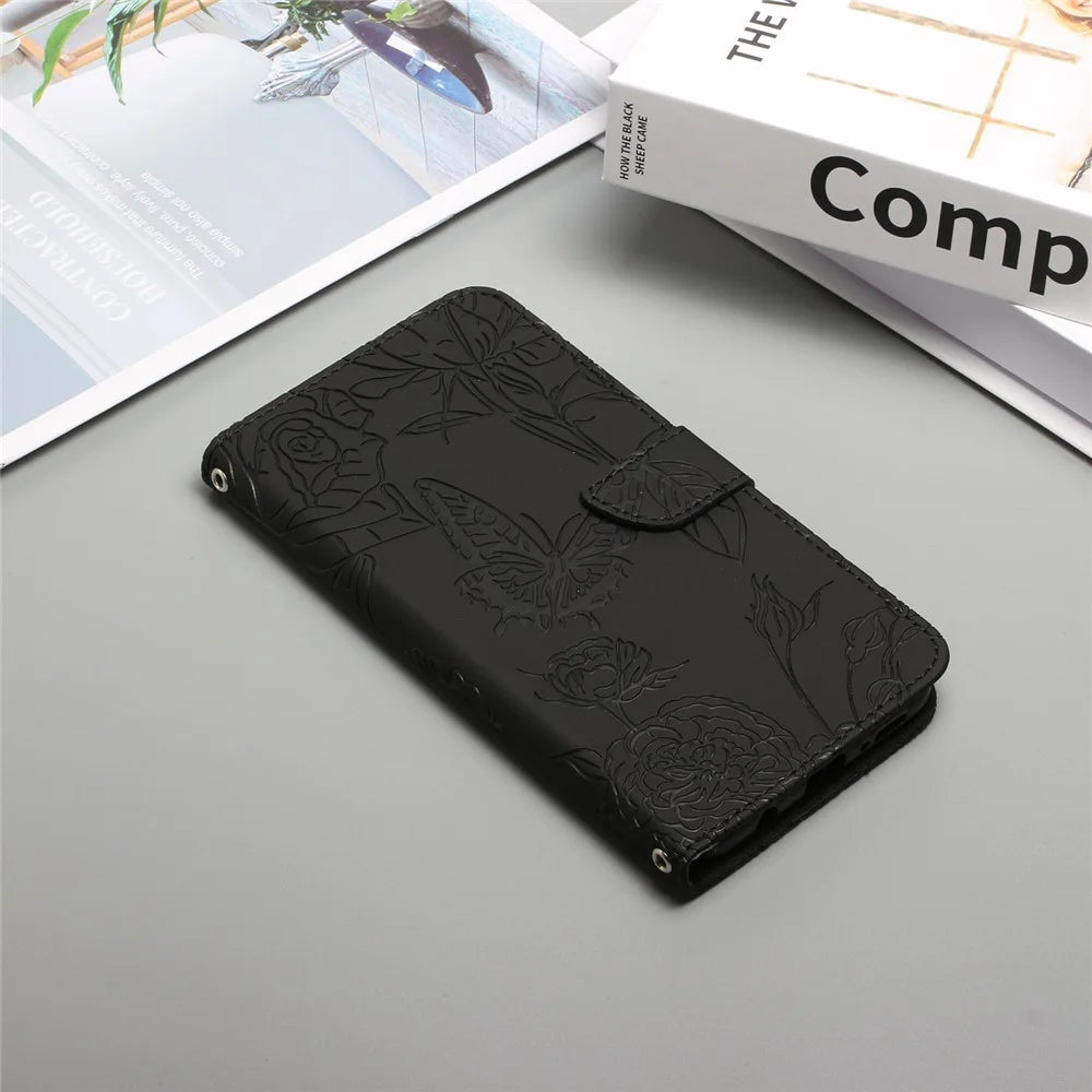 For iPhone Air Case Butterfly Flower Imprinted Leather Phone Cover with Strap - Black - 7