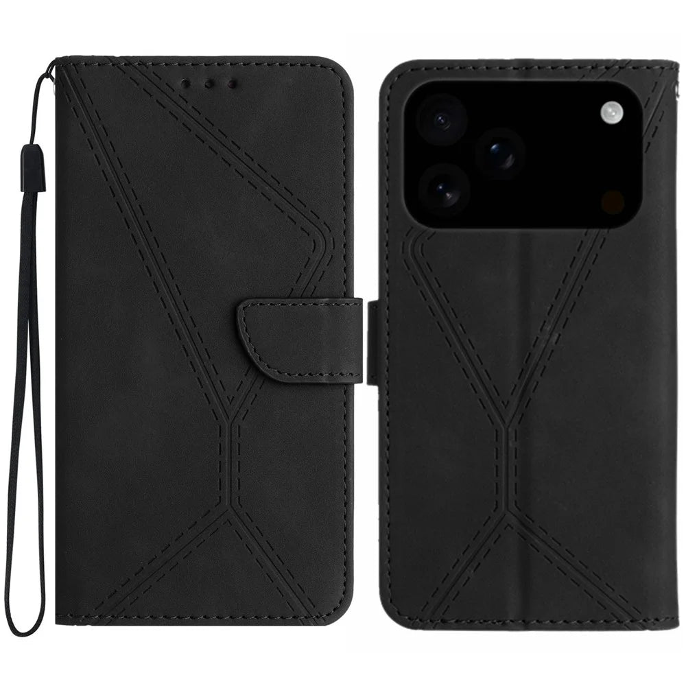 For iPhone 18 Pro Max / 17 Pro Max Case Skin Touch Lines Imprinted PU Leather Flip Phone Cover - Black - 1