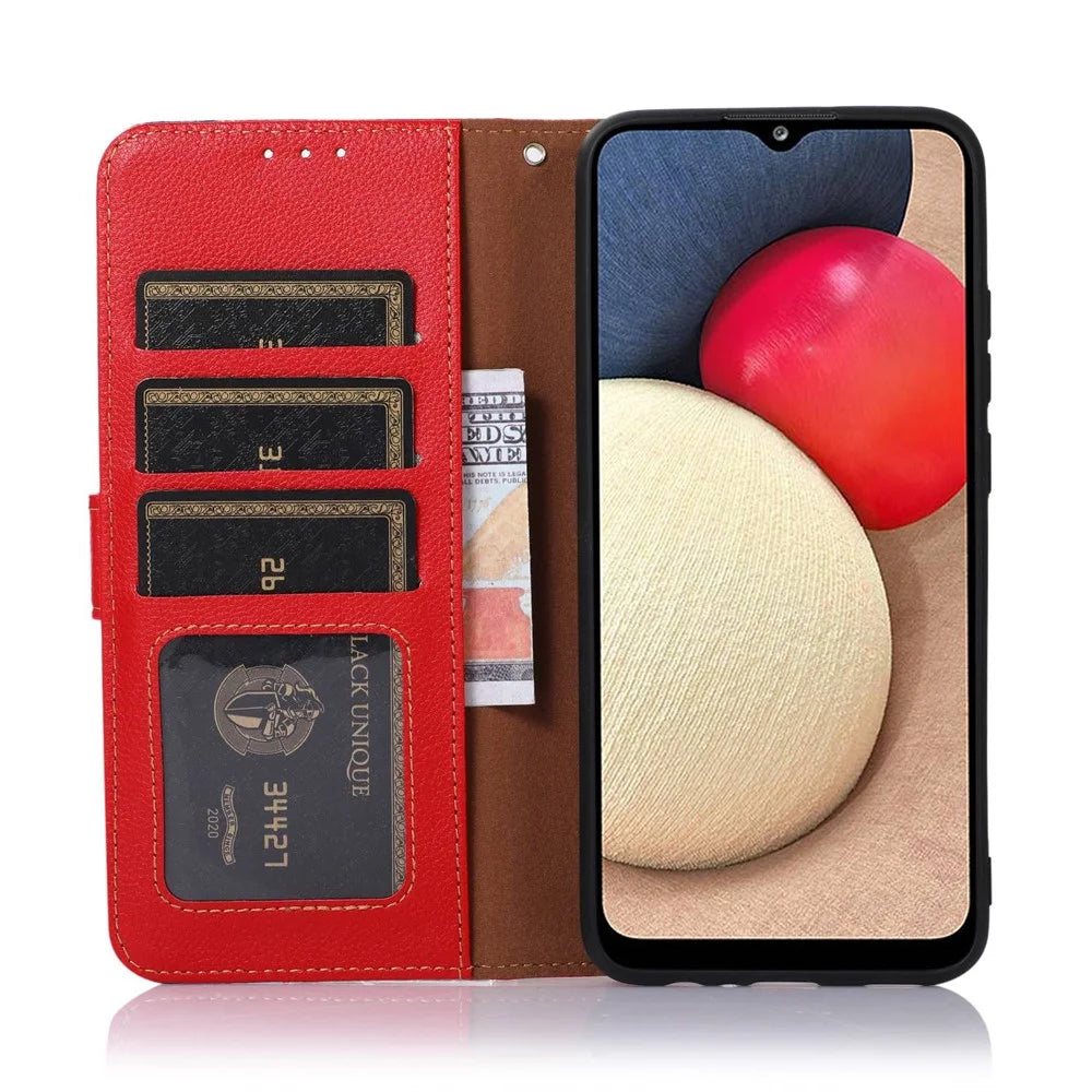 KHAZNEH For Samsung Galaxy S23 RFID Blocking Litchi Texture Phone Case Full Protection PU Leather Foldable Stand Wallet Cover - Red - 3
