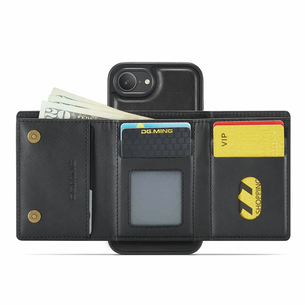 DG.MING M6 Series For iPhone 17e / 16e Case Magnetic Wallet PU + PC + TPU Phone Cover - Black - 2