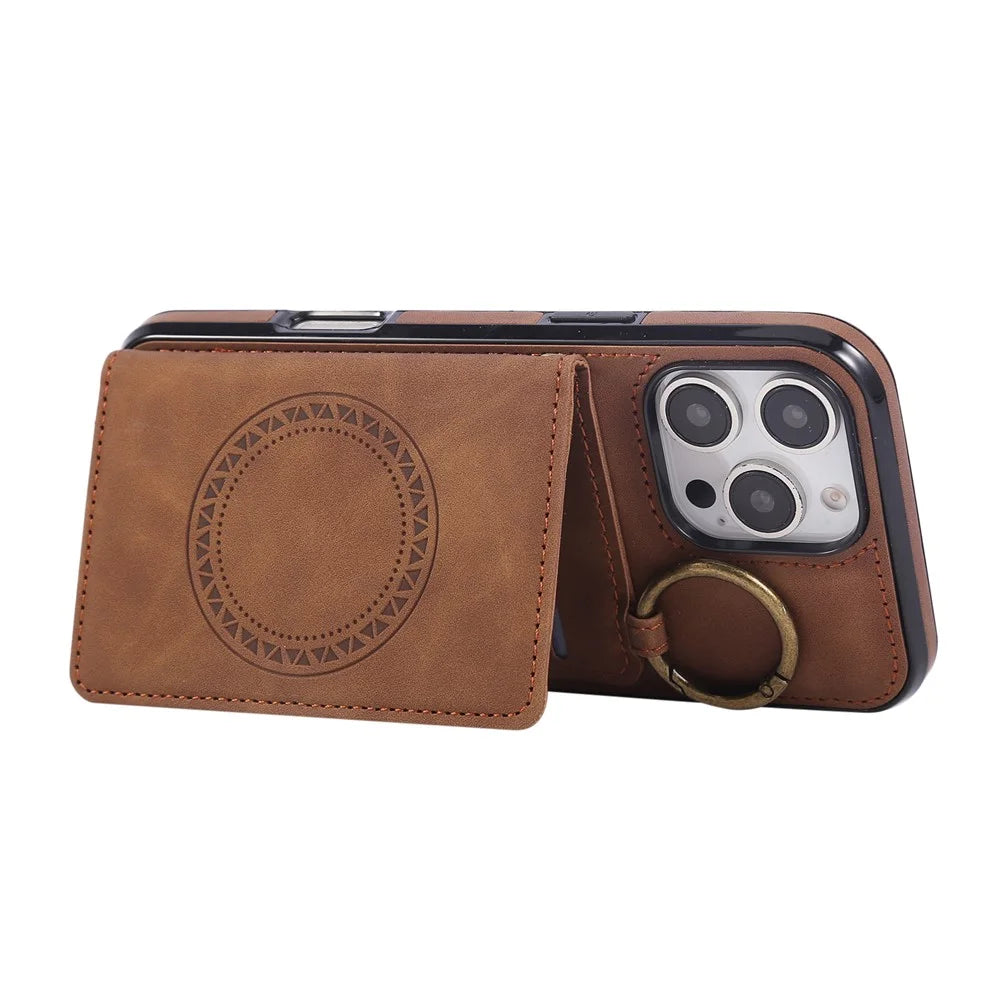 For iPhone 16 Pro Max Case Card Holder Kickstand Leather + TPU Phone Cover with Ring Holder - Brown - 3