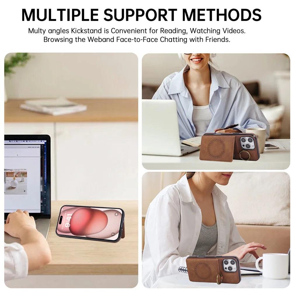 For iPhone 16 Pro Max Case Card Holder Kickstand Leather + TPU Phone Cover with Ring Holder - Brown - 5