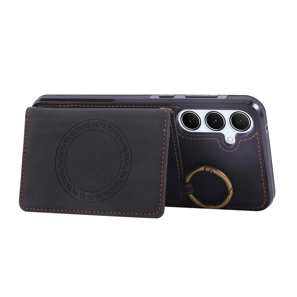 For Samsung Galaxy S25+ / S24+ Case Card Holder Kickstand Leather + TPU Phone Cover with Ring Holder - Black - 5