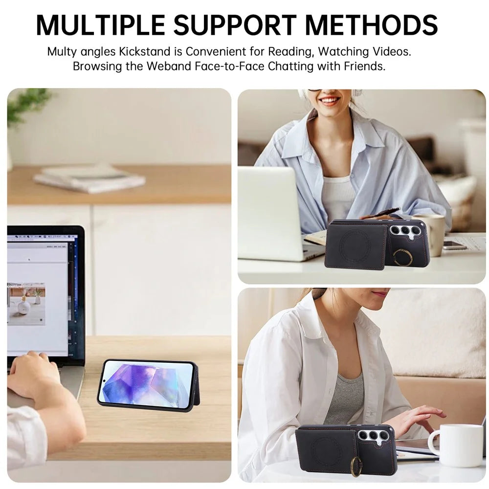 For Samsung Galaxy S25+ / S24+ Case Card Holder Kickstand Leather + TPU Phone Cover with Ring Holder - Black - 6