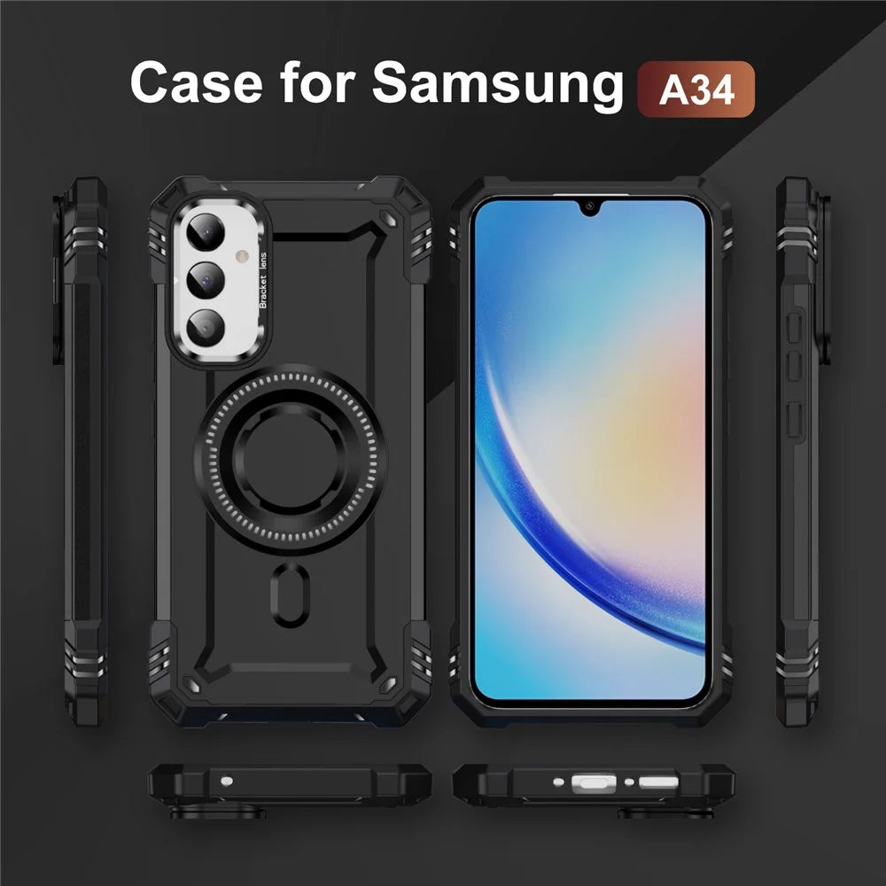 For Samsung Galaxy A55 5G Magnetic Case Metal Lens Frame Kickstand PC + TPU Mobile Cover - Black - 6
