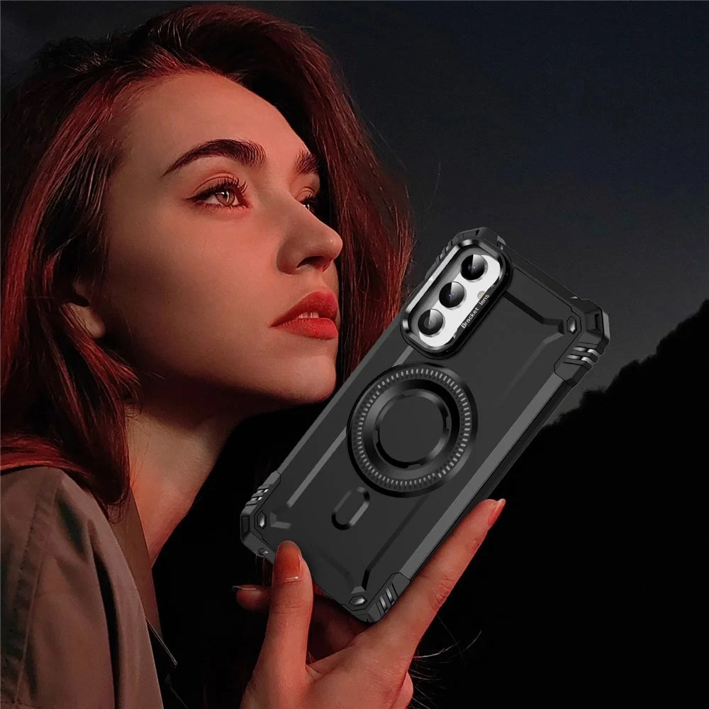 For Samsung Galaxy A55 5G Magnetic Case Metal Lens Frame Kickstand PC + TPU Mobile Cover - Black - 7