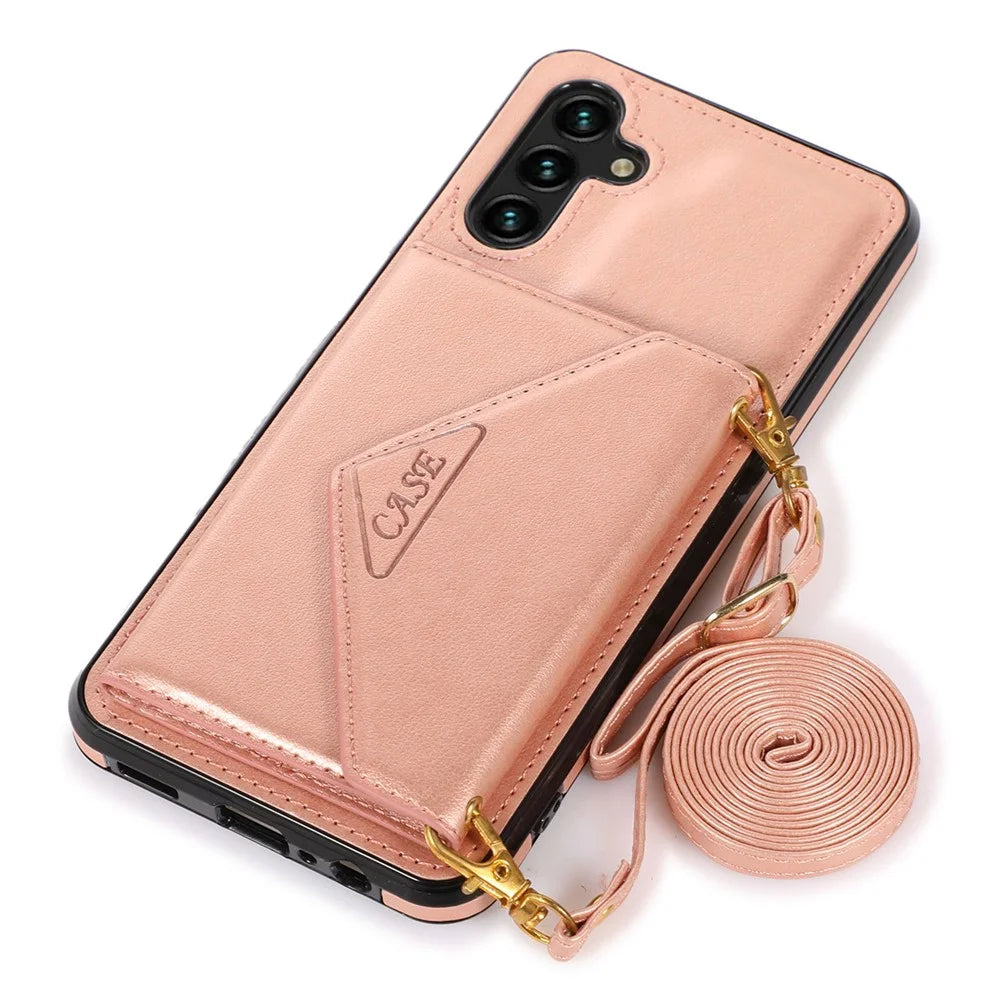 For Samsung Galaxy A36 5G Cell Phone Case Triangle Lid Card Bag Leather + TPU Cover with Long Strap - Rose Gold - 5