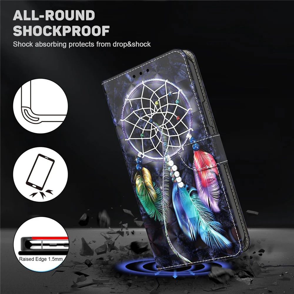 For Samsung Galaxy S23 3D Pattern Printing Anti-scratch Stand Case PU Leather Drop-proof Phone Wallet Cover with Strap - Dream Catcher - 4