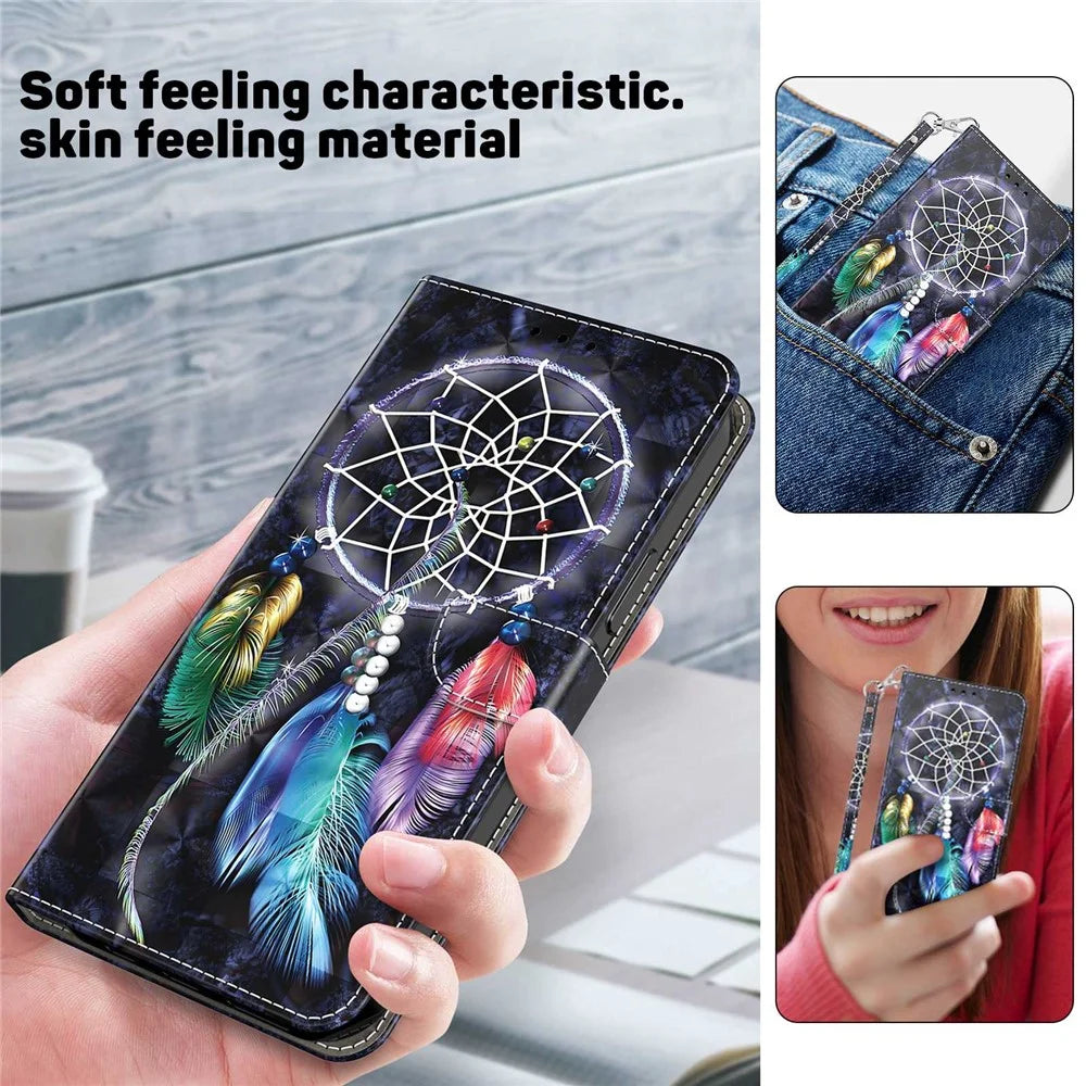 For Samsung Galaxy S23 3D Pattern Printing Anti-scratch Stand Case PU Leather Drop-proof Phone Wallet Cover with Strap - Dream Catcher - 5