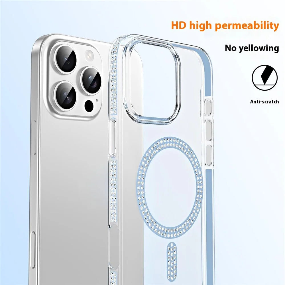 For iPhone 16 Pro Magnetic Case TPU + Acrylic Phone Back Cover Rhinestone Decor - Silver - 4