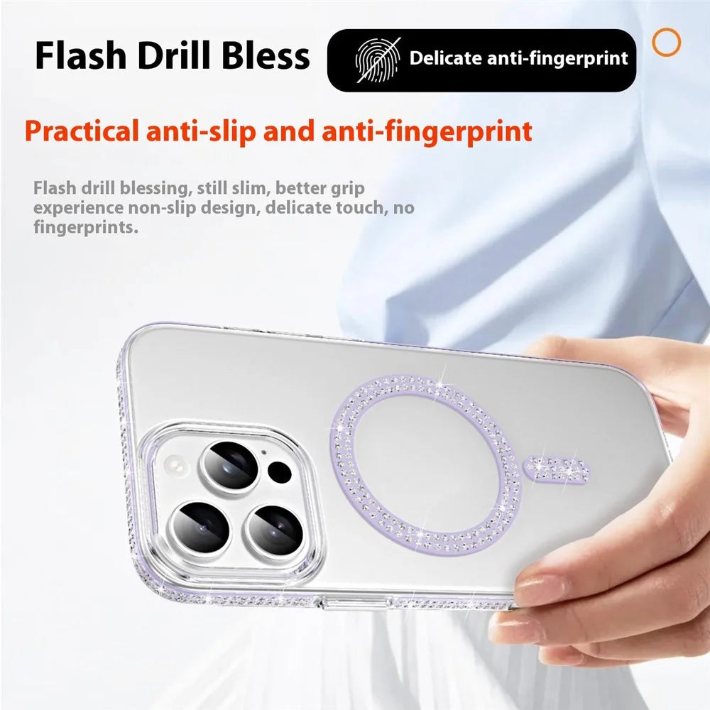 For iPhone 16 Pro Magnetic Case TPU + Acrylic Phone Back Cover Rhinestone Decor - Silver - 5