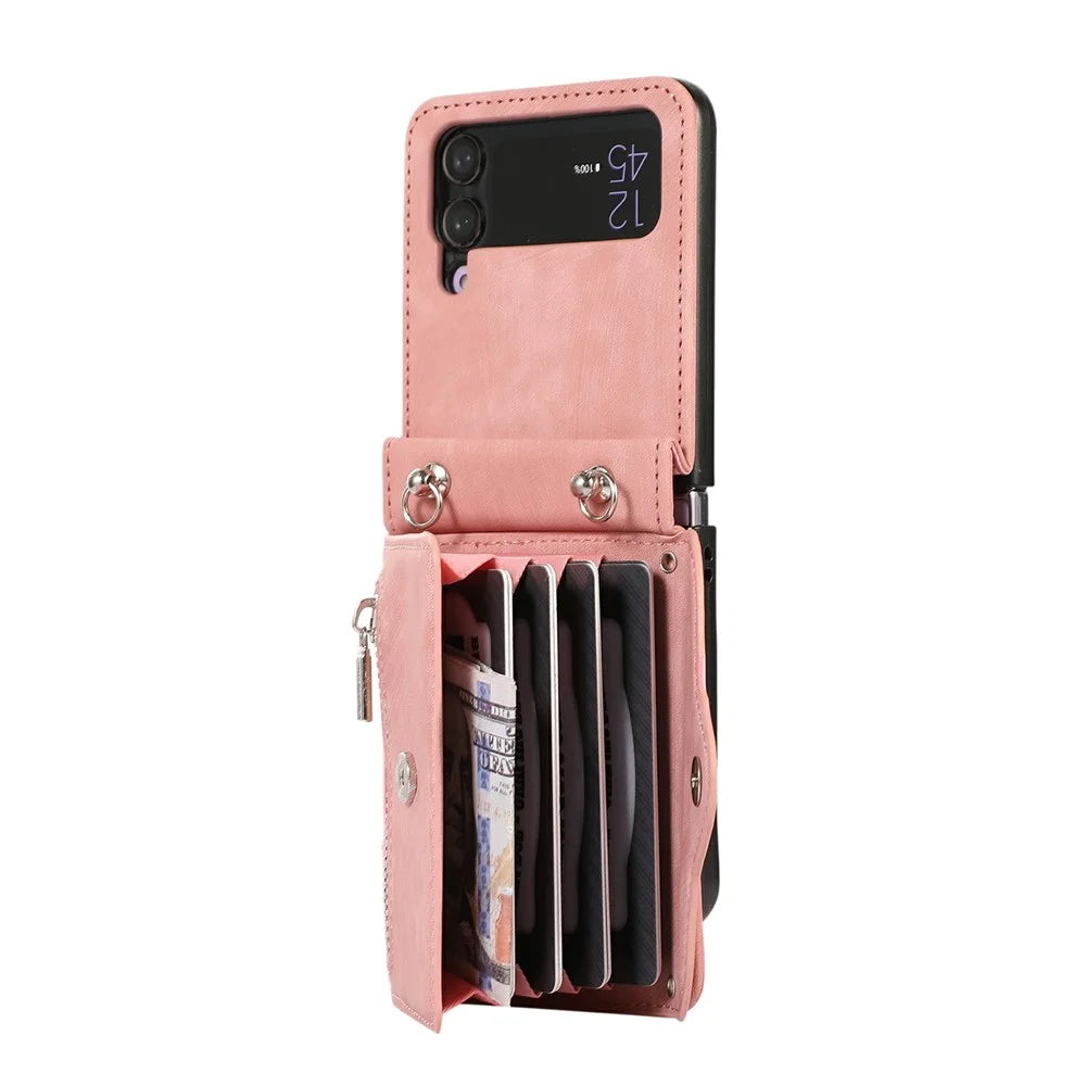 For Samsung Galaxy Z Flip4 5G Case PU Leather + TPU RFID Blocking Card Slots Phone Cover with 2 Straps - Rose Gold - 2