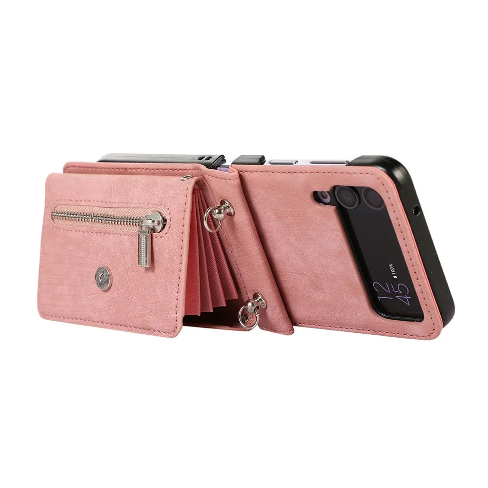 For Samsung Galaxy Z Flip4 5G Case PU Leather + TPU RFID Blocking Card Slots Phone Cover with 2 Straps - Rose Gold - 4