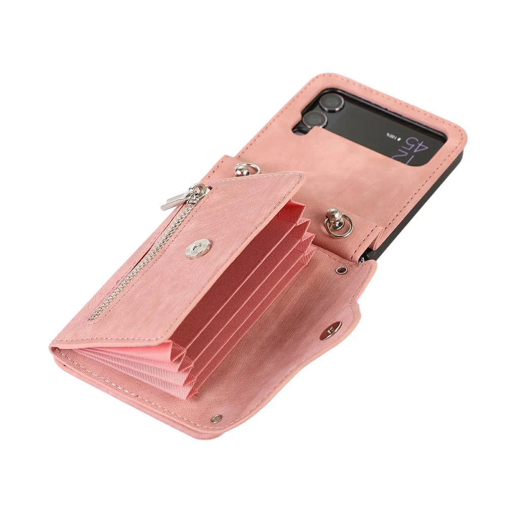 For Samsung Galaxy Z Flip4 5G Case PU Leather + TPU RFID Blocking Card Slots Phone Cover with 2 Straps - Rose Gold - 5