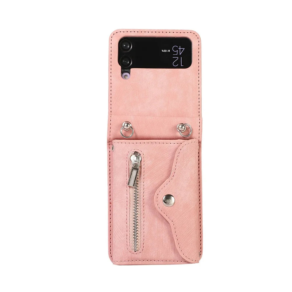 For Samsung Galaxy Z Flip4 5G Case PU Leather + TPU RFID Blocking Card Slots Phone Cover with 2 Straps - Rose Gold - 6