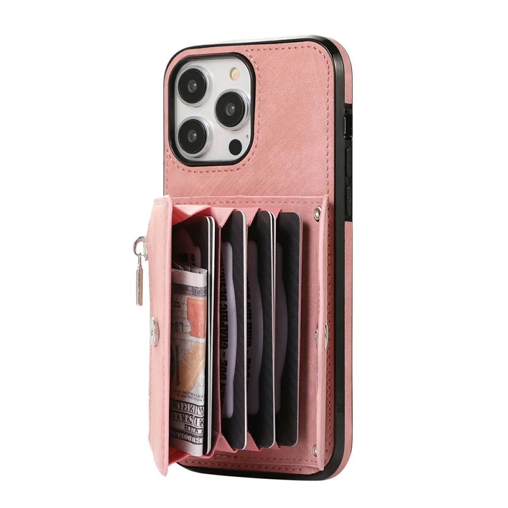For iPhone 16 Pro Max Cell Phone Case PU Leather+TPU RFID Blocking Card Slots Cover with 2 Straps - Rose Gold - 3