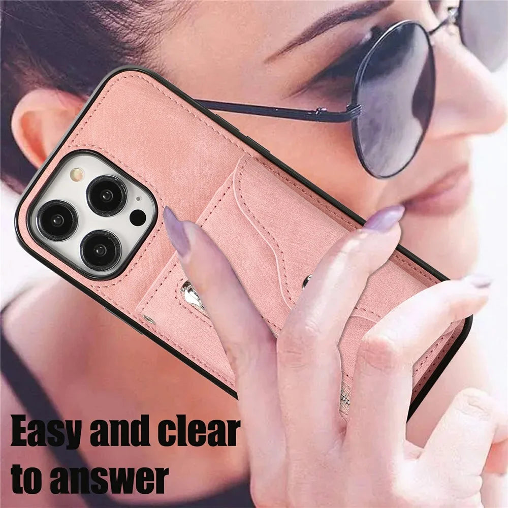 For iPhone 16 Pro Max Cell Phone Case PU Leather+TPU RFID Blocking Card Slots Cover with 2 Straps - Rose Gold - 7