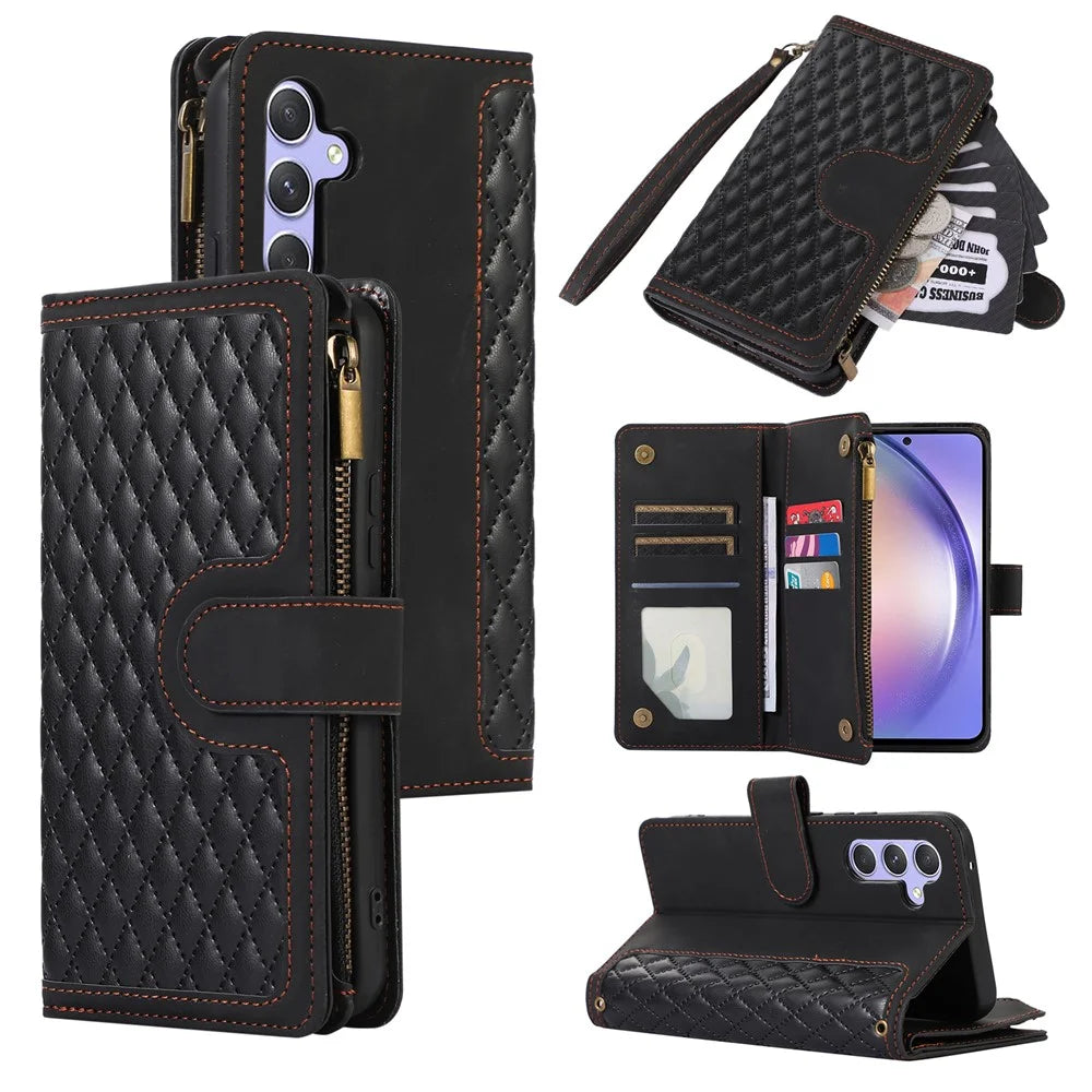For Samsung Galaxy A26 5G Case 9 Card Slots Rhombus Design Leather Phone Cover with Wrist Strap - Black - 1