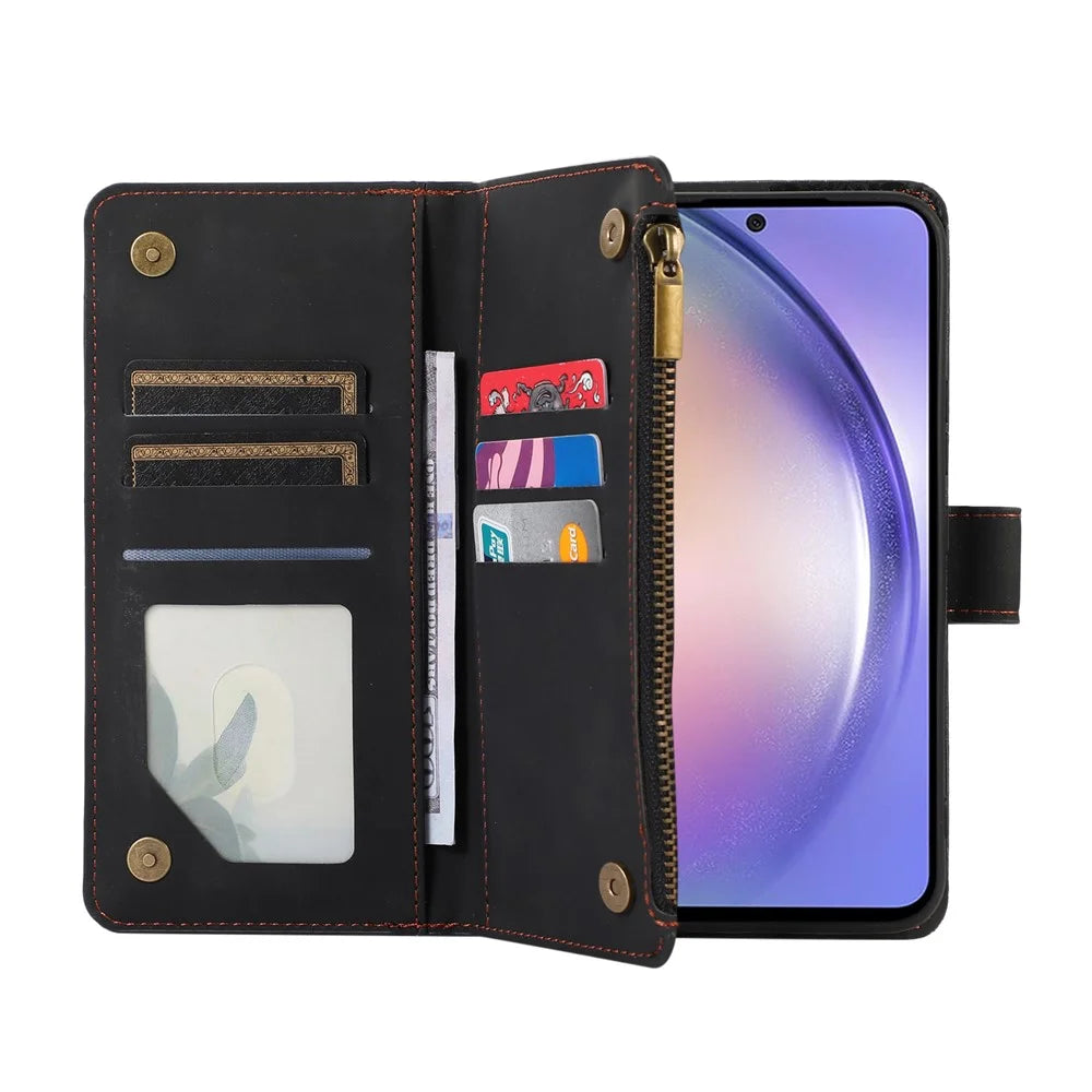 For Samsung Galaxy A26 5G Case 9 Card Slots Rhombus Design Leather Phone Cover with Wrist Strap - Black - 2