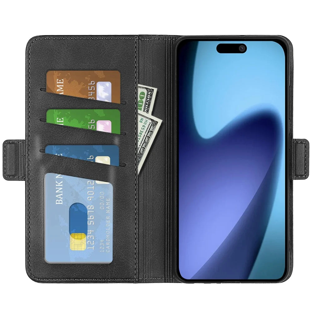 For iPhone 17 Case Calf Texture Leather Wallet Phone Cover - Black - 4