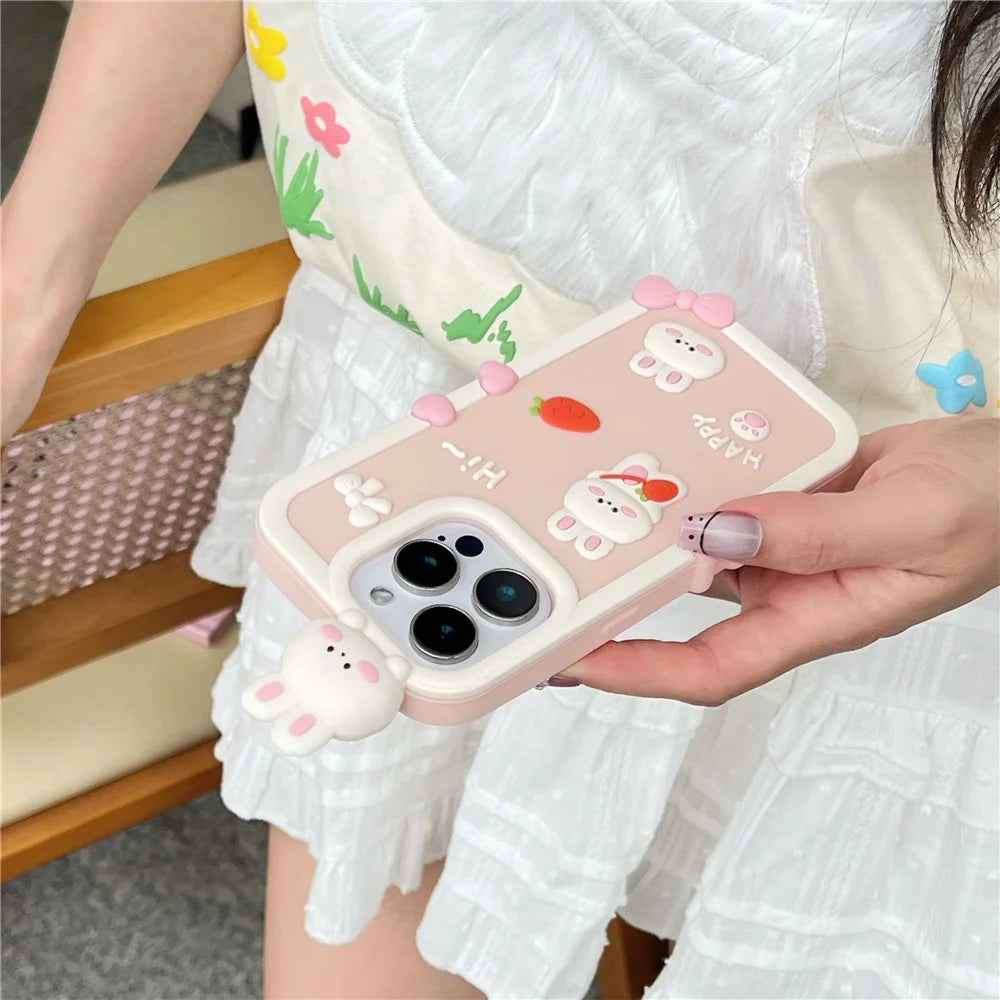 For iPhone 16 Pro Silicone Case Cute 3D Cartoon Carrot Rabbit Design Shockproof Phone Back Cover - 5