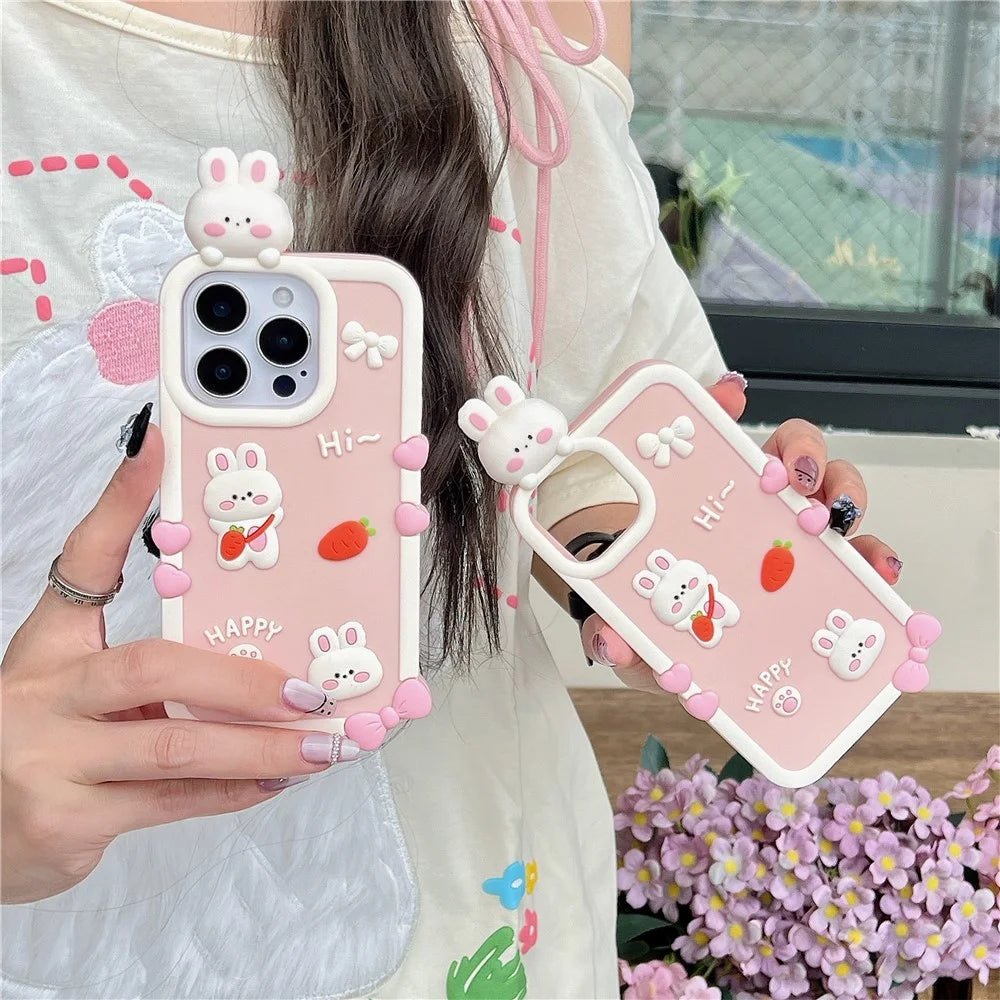 For iPhone 15 Pro Silicone Case Cute 3D Cartoon Carrot Rabbit Design Shockproof Phone Back Cover - 4
