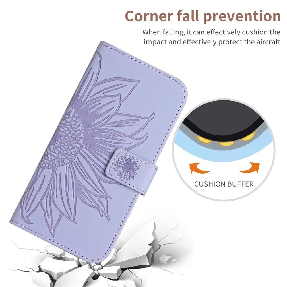 For Realme C75 5G  /  14x 5G Case Sunflower Imprint Leather Wallet Phone Cover with Wrist Strap - Light Purple - 5