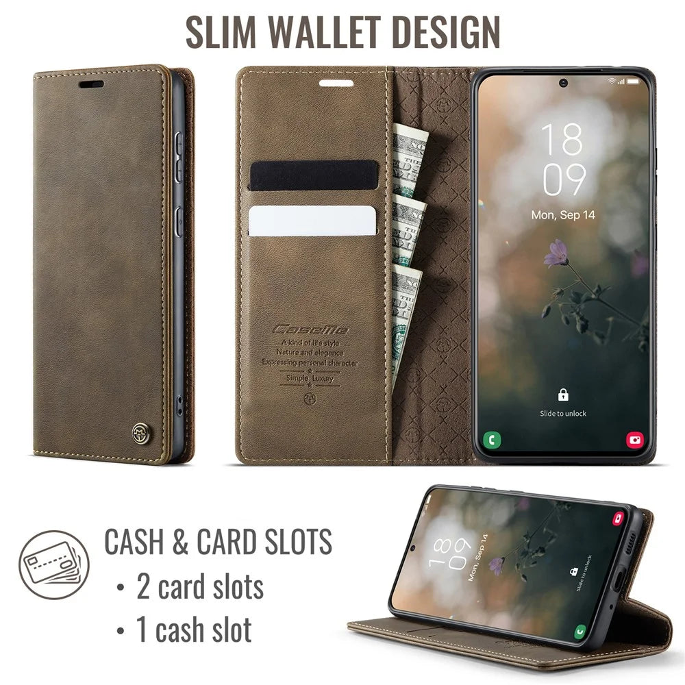 CASEME For Samsung Galaxy S21 FE 5G Case  033 Series RFID Blocking Wallet Stand Calf Texture Leather Phone Cover - Coffee - 2