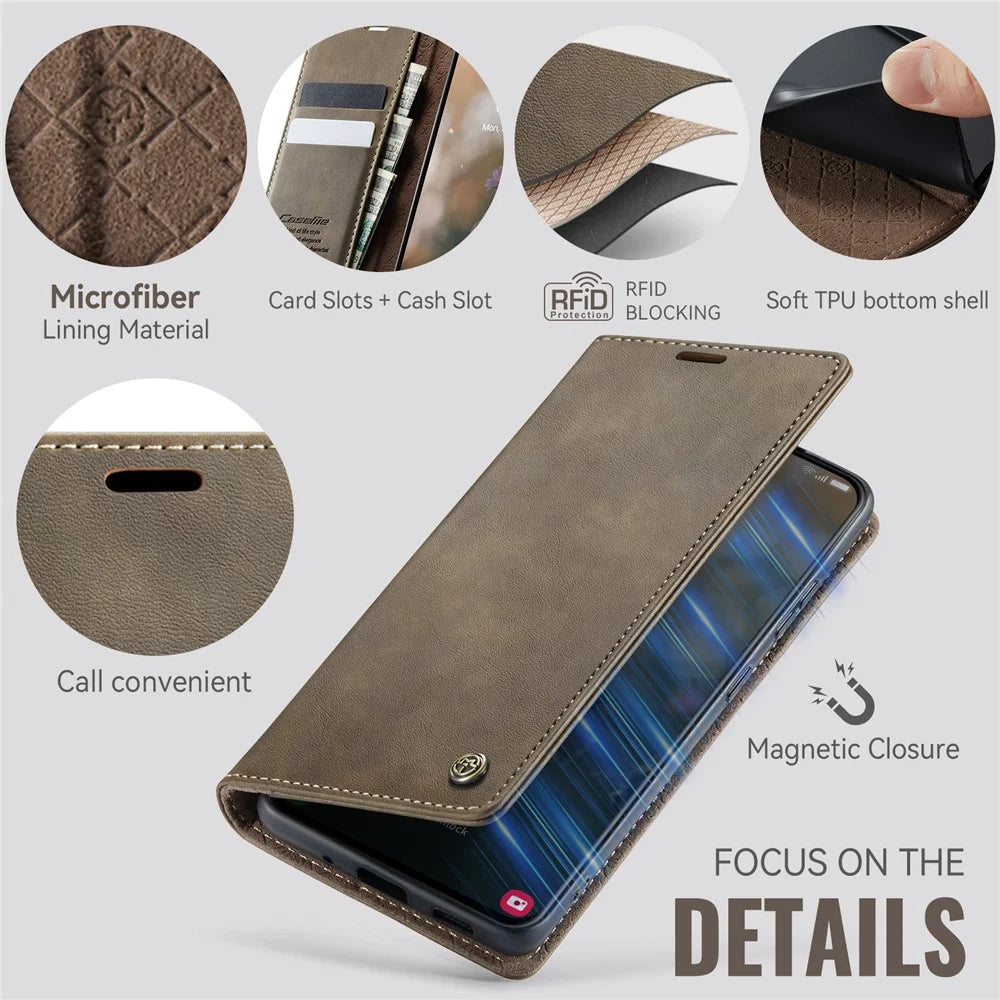 CASEME For Samsung Galaxy S21 FE 5G Case  033 Series RFID Blocking Wallet Stand Calf Texture Leather Phone Cover - Coffee - 3